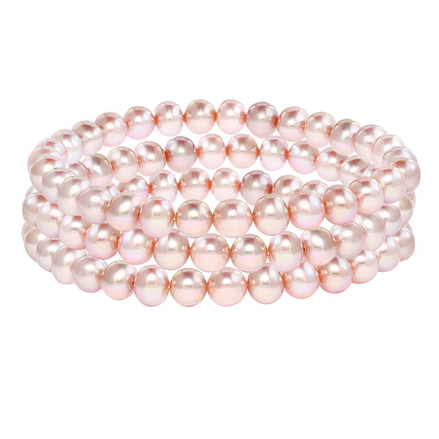 Set of 3 Pink 6mm-6.5mm AAA Freshwater Cultured Pearl Stacked Layers of Classic Stretch Strand Bracelets - 7"