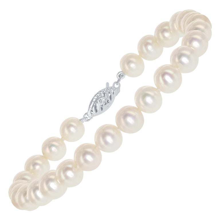 7.0-7.5mm White Freshwater Pearl Bracelet - AAAA Quality 8.0 Bracelet Length / Ball Clasp 14K White Gold