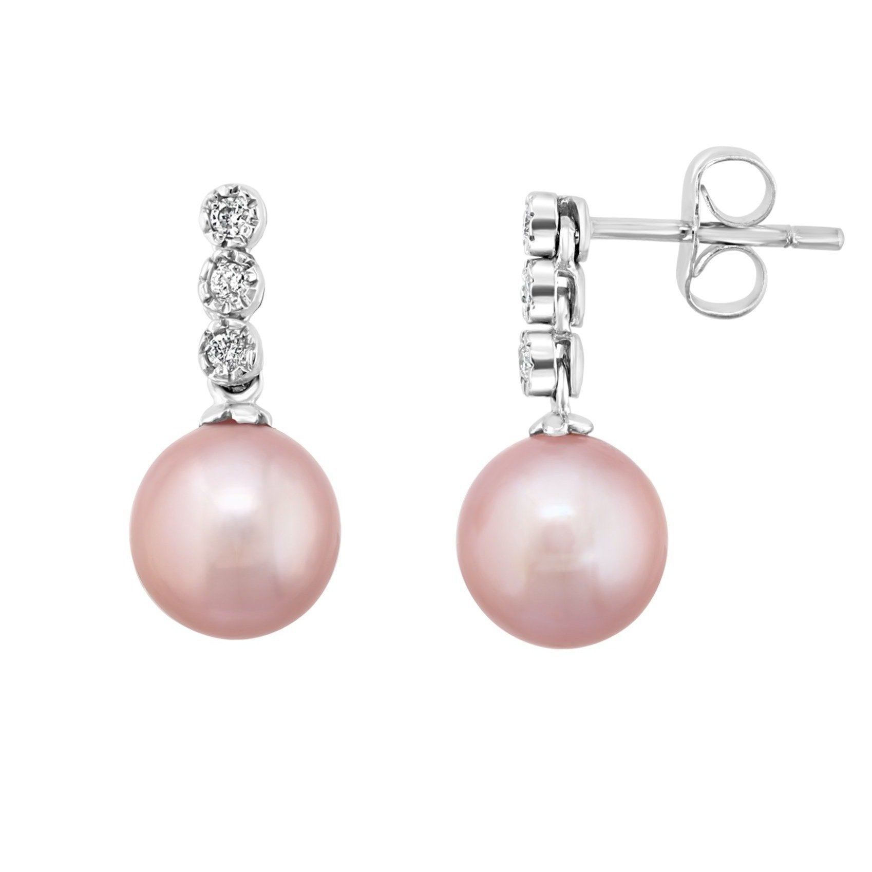 14K White Gold Pink Freshwater Pearl and Triple Diamond Earrings