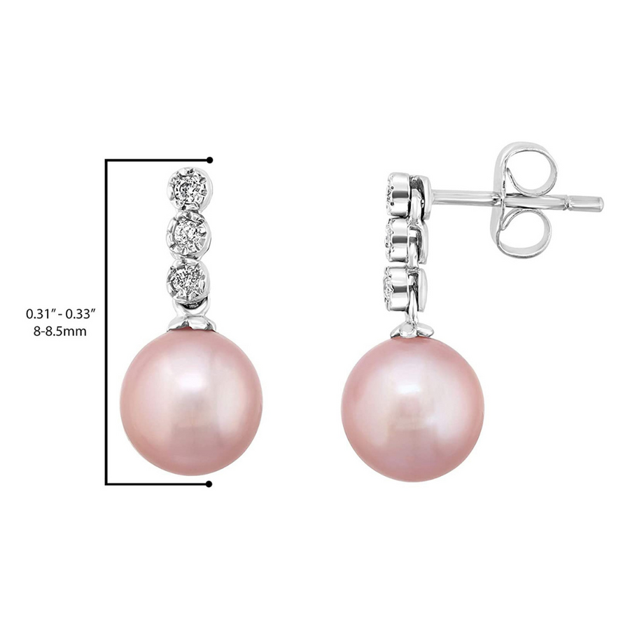 14K White Gold Pink Freshwater Pearl and Triple Diamond Earrings