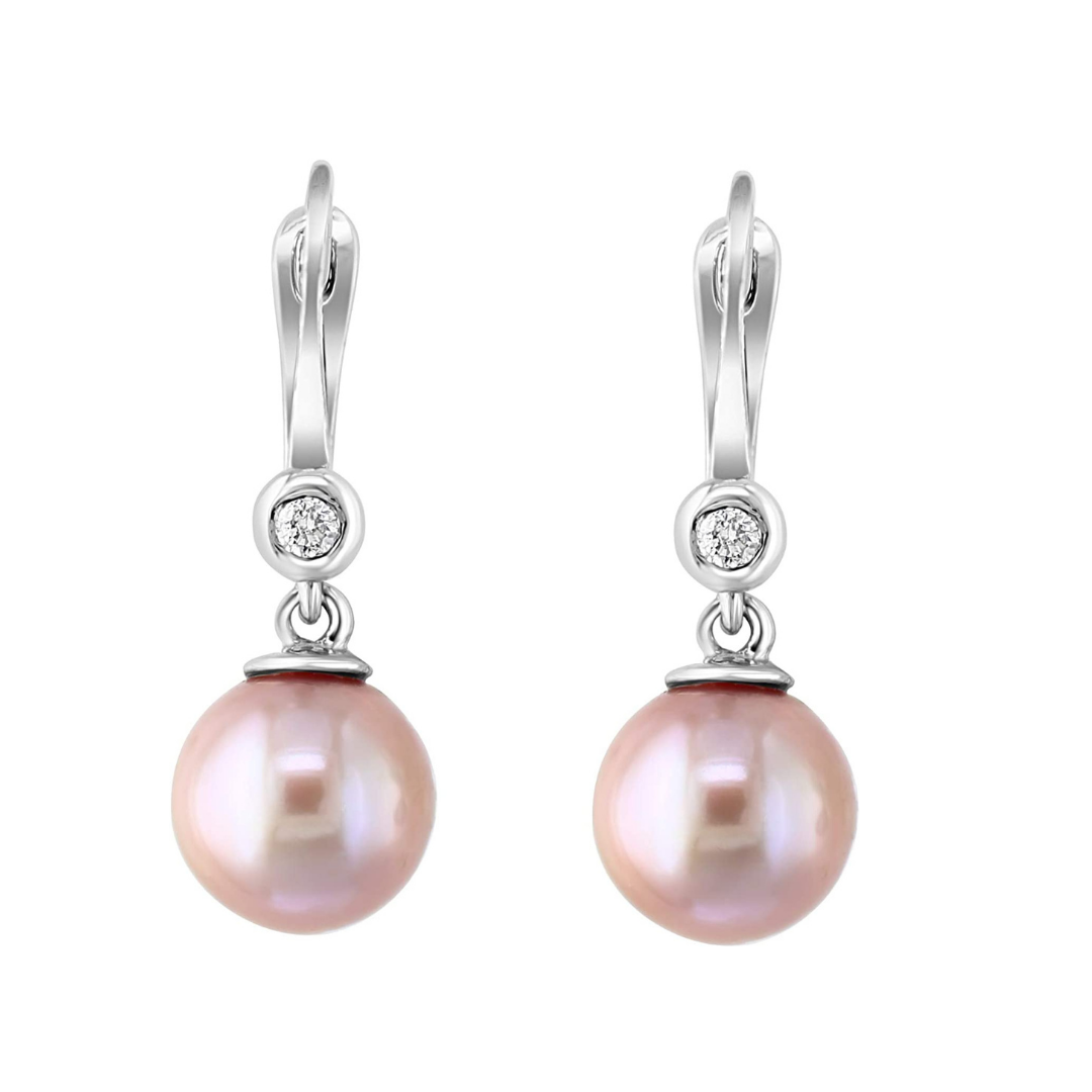 14K White Gold Pink Freshwater Pearl and Bezel Diamond Leverback Earrings