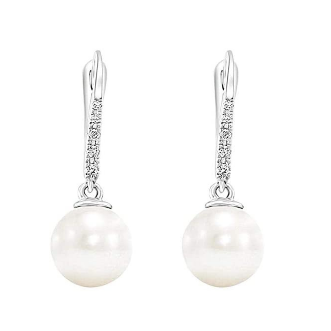 14K White Gold Freshwater Pearl and Pavé Diamond Leverback Earrings