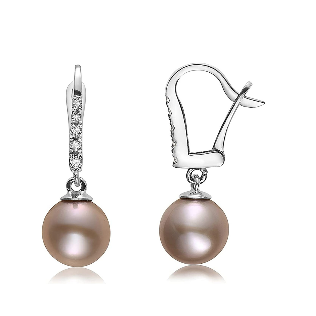 14K White Gold & Yellow Gold Diamond-Accented 8mm-8.5mm AAAA White  Freshwater Cultured Pearl Lever-Back Bridal Dangle Drop Earrings (.085ctw,  G-H
