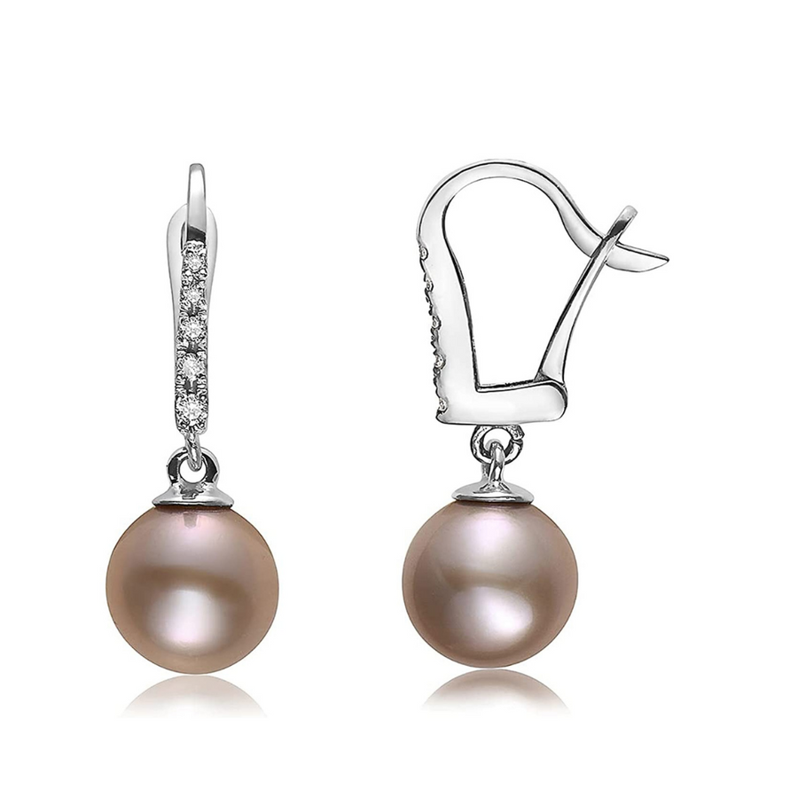 14K White Gold Pink Freshwater Pearl and Pavé Diamond Leverback Earrings