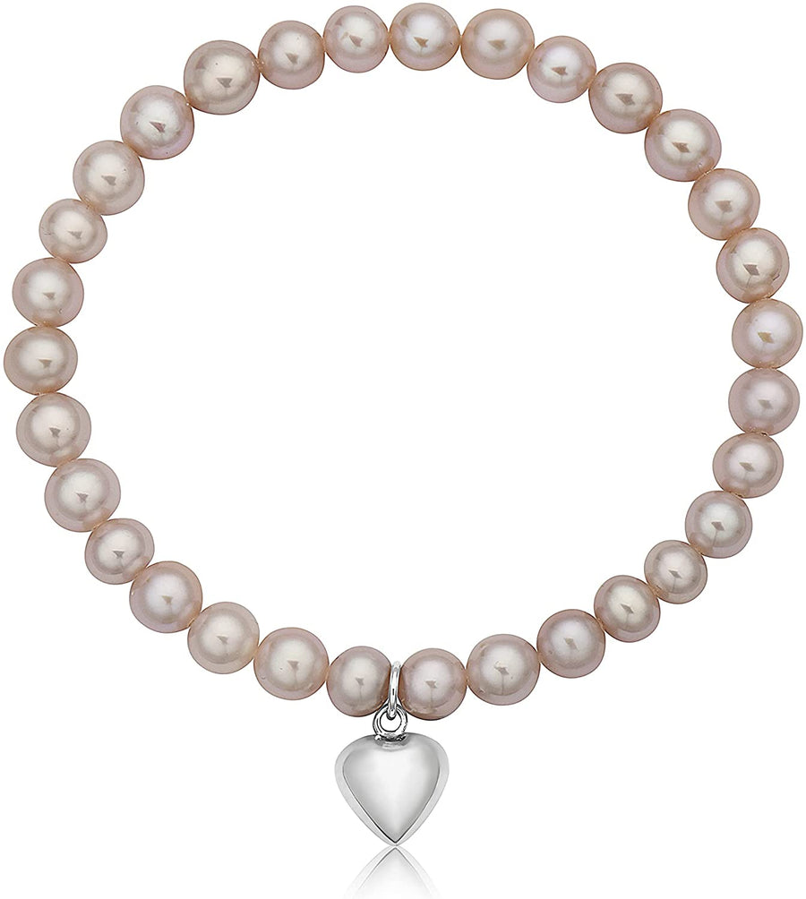Freshwater Pearl Stretch Bracelet with Heart Charm - 7 in - 6-6.5mm