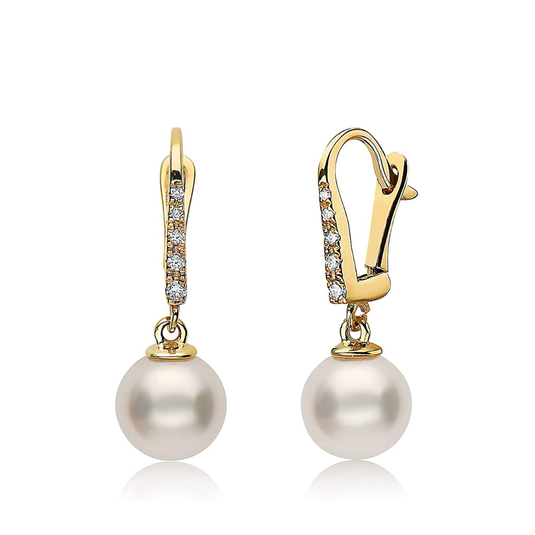 14K White Gold & Yellow Gold Diamond-Accented 8mm-8.5mm AAAA White  Freshwater Cultured Pearl Lever-Back Bridal Dangle Drop Earrings (.085ctw,  G-H