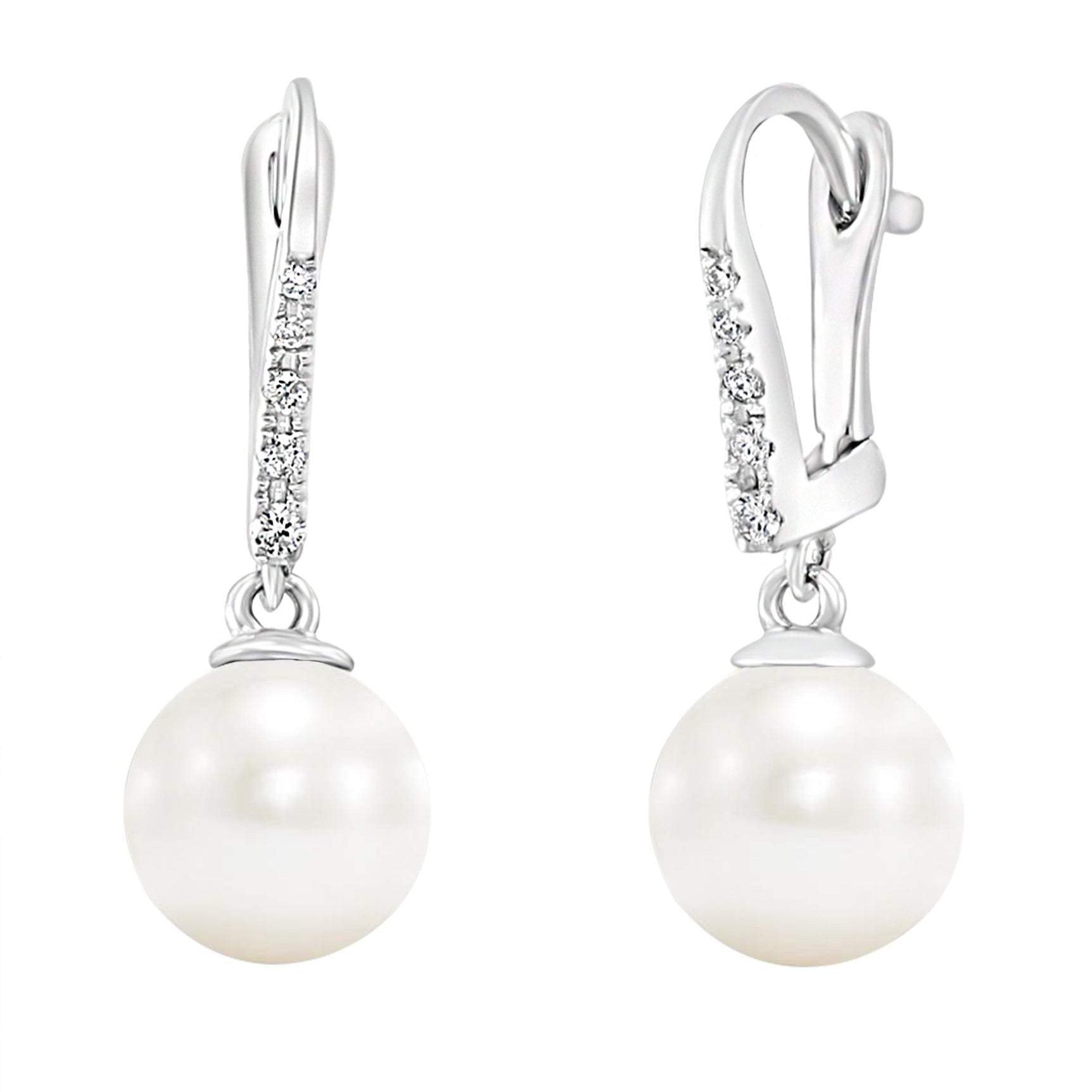 14K White Gold Freshwater Pearl and Pavé Diamond Leverback Earrings