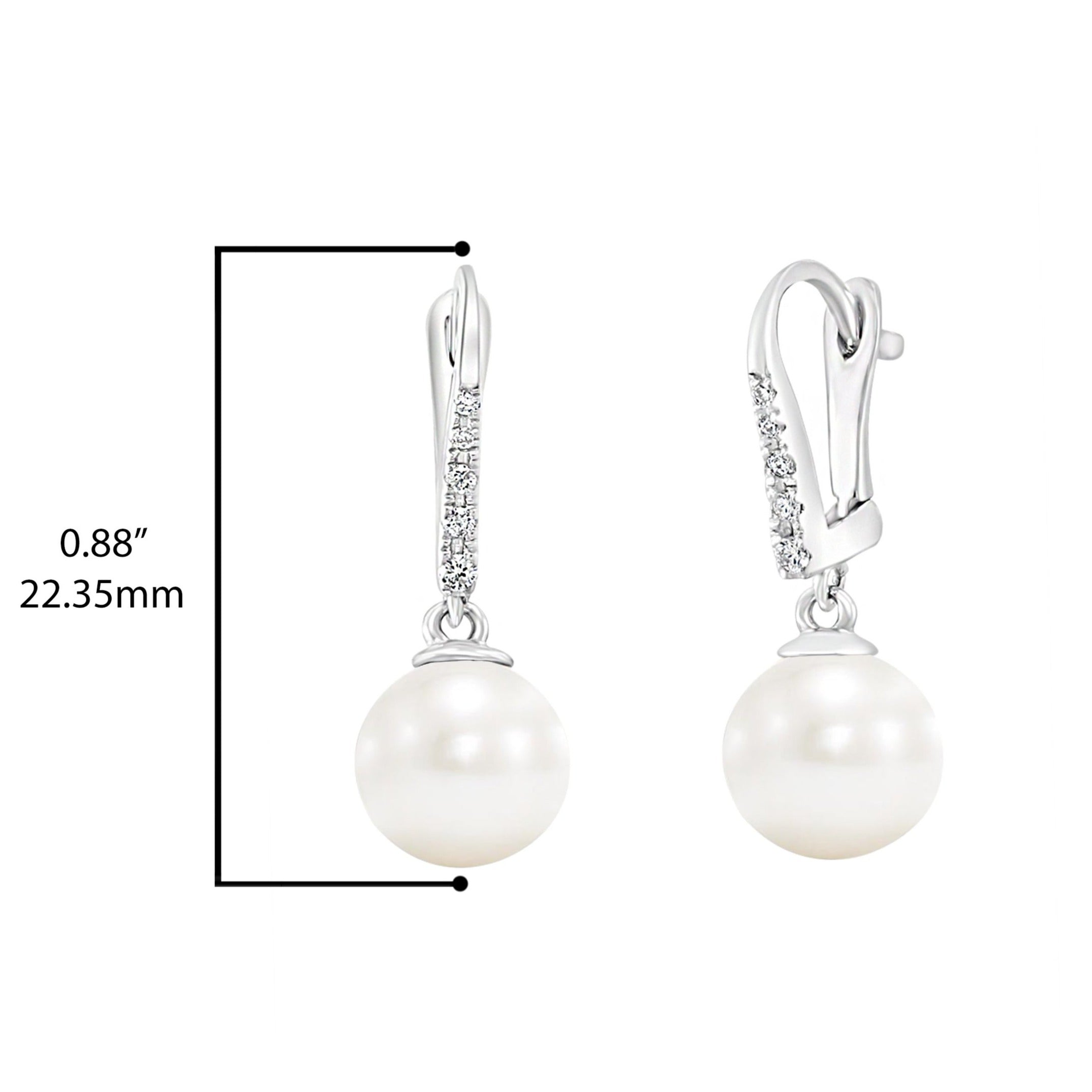 14K White Gold Freshwater Pearl and Pavé Diamond Leverback Earrings