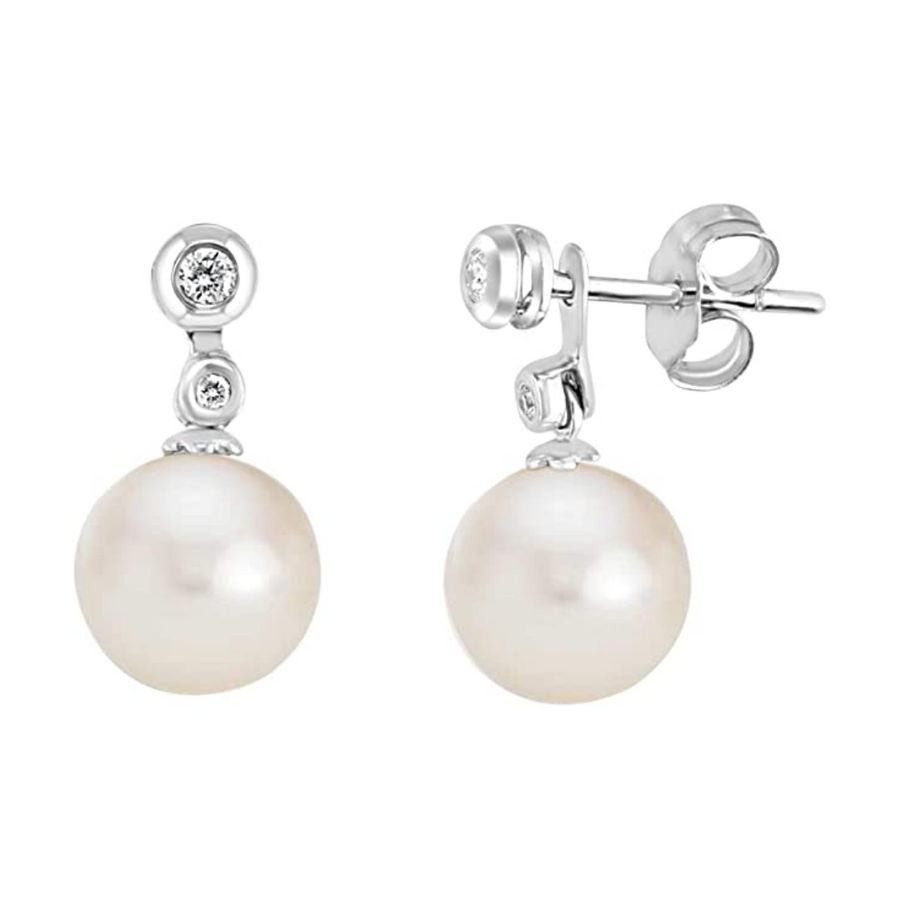 14K White Gold Freshwater White Pearl and Double Diamond Earrings