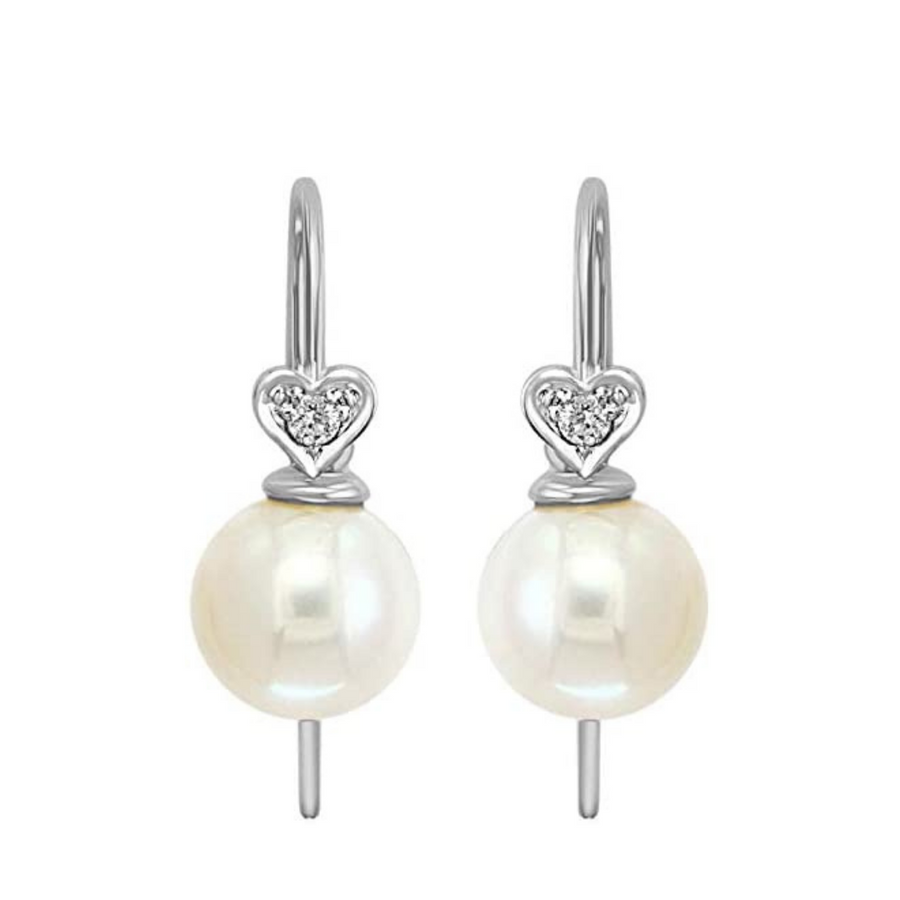 14K White Gold Wire Freshwater Pearl and Diamond Heart Earrings