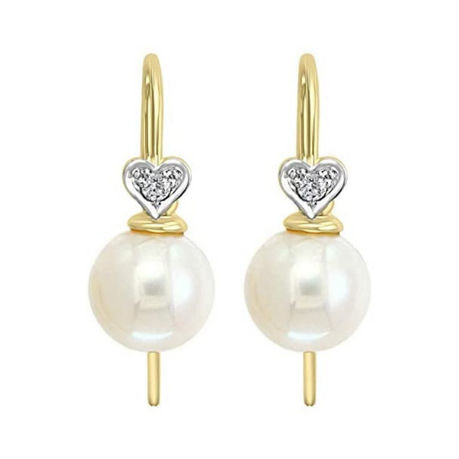 14K White Gold Wire Freshwater Pearl and Diamond Heart Earrings