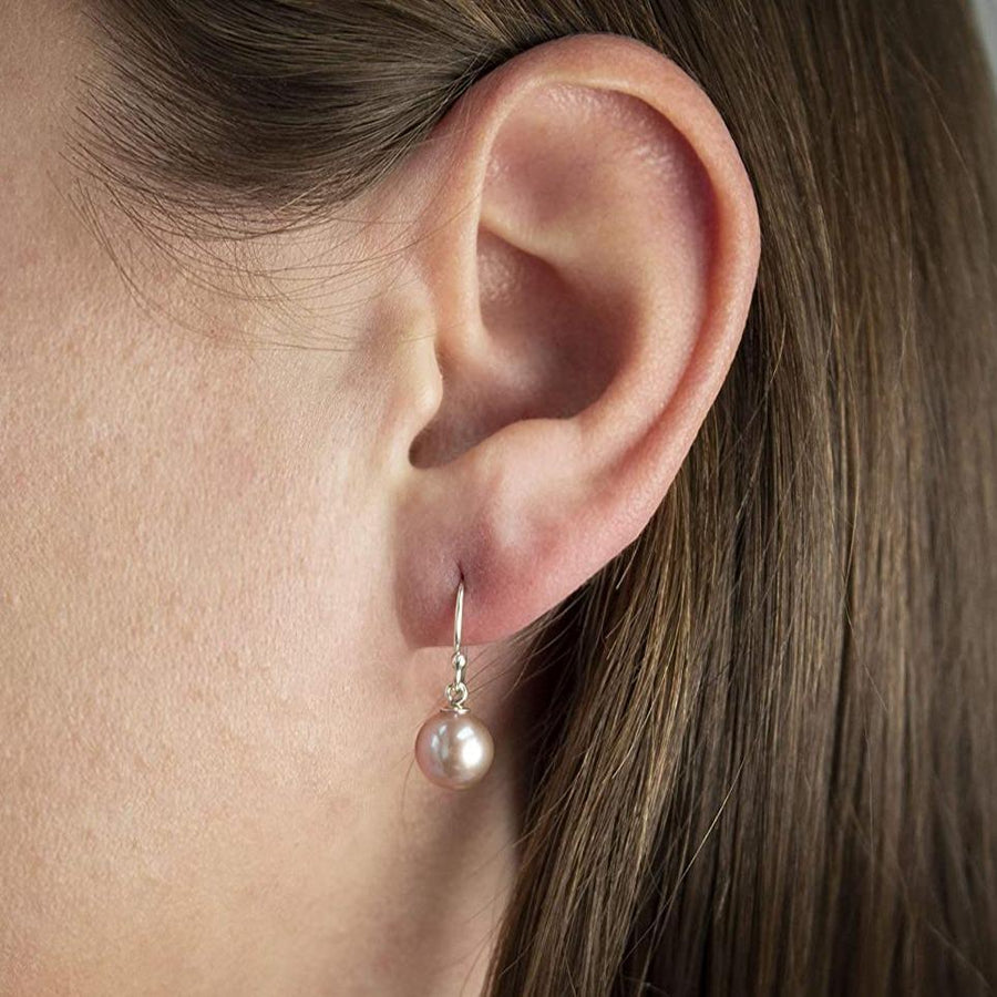 Pink Freshwater Pearl Drop Earrings 7.5-8mm, 14k White Gold Dangle Earrings