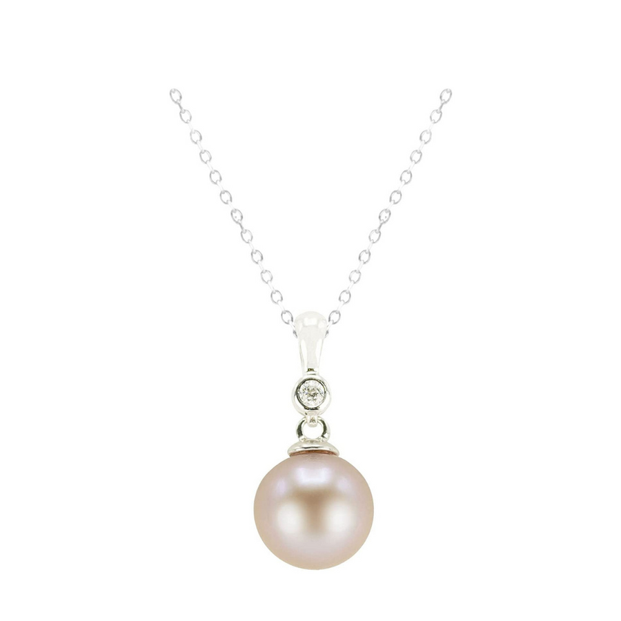 Pink Freshwater Pearl and Bezel Diamond Pendant 14k White Gold Chain Necklace Adjustable 16"-18"