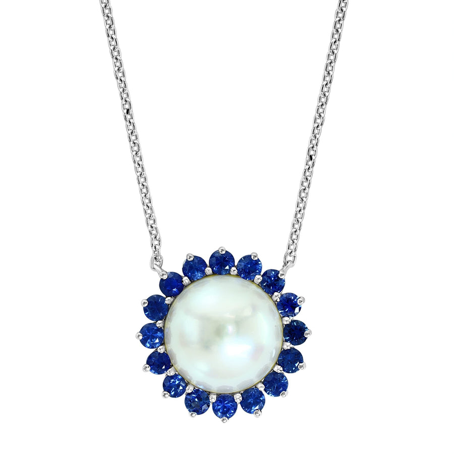 Halo Pearl and Blue Sapphire Pendant on a 925 Sterling Silver Chain Necklace
