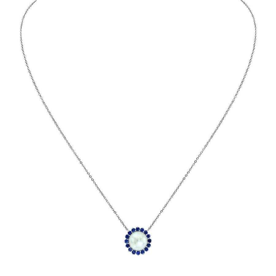 Halo Pearl and Blue Sapphire Pendant on a 925 Sterling Silver Chain Necklace