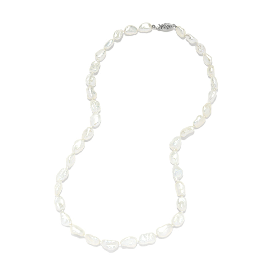 Freshwater White Keshi Pearl Strand Necklace 7-8mm 18", 14k White or Yellow Gold Filigree Clasp