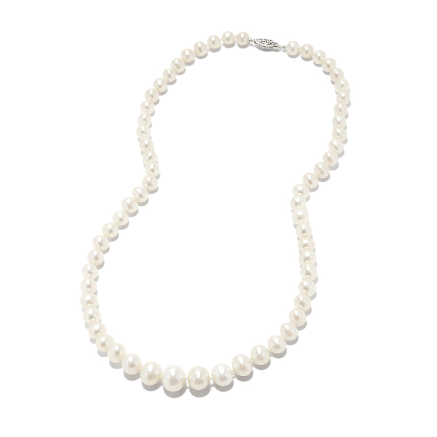 Real Freshwater Pearl Necklace 6-10mm, 14k White or Yellow Gold Filigree Clasp, Beaded Necklace 18"