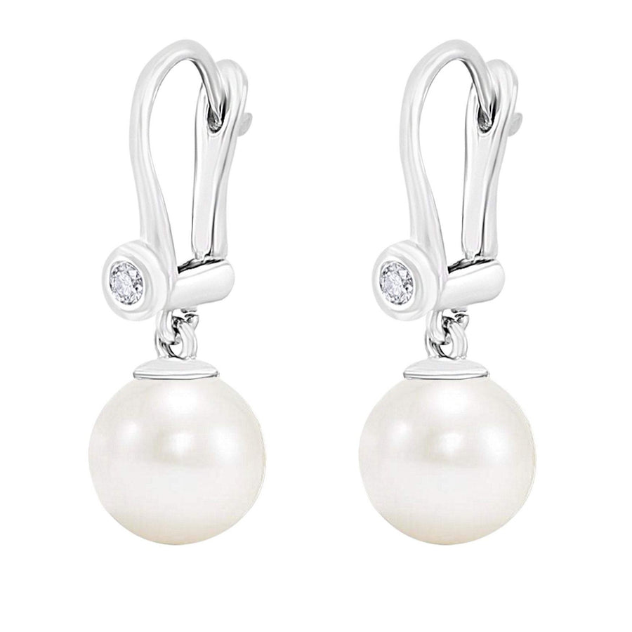 14K White Gold Freshwater Pearl and Bezel Diamond Leverback Earrings