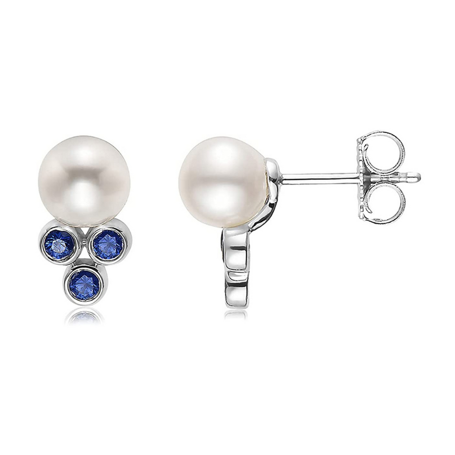 .925 Sterling Silver Freshwater Pearl and Blue Sapphire Studs