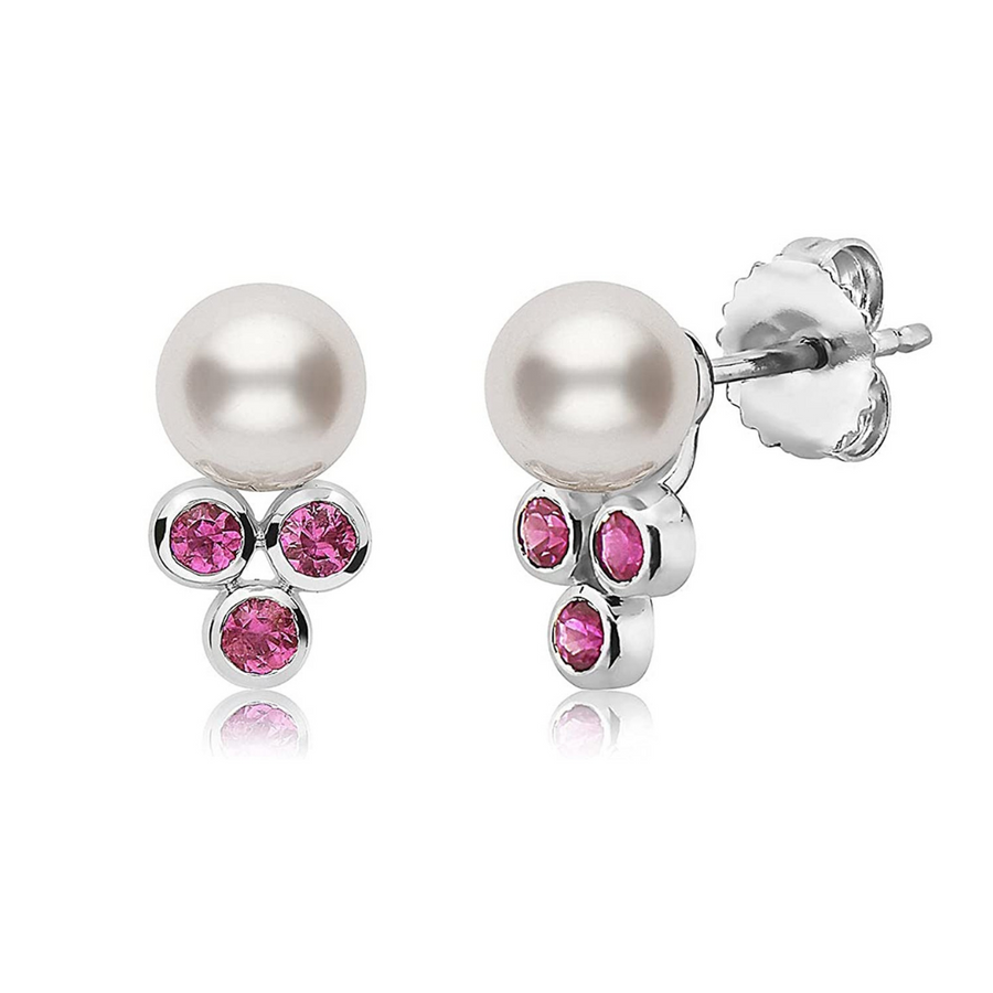 .925 Sterling Silver Freshwater Pearl and Pink Sapphire Studs