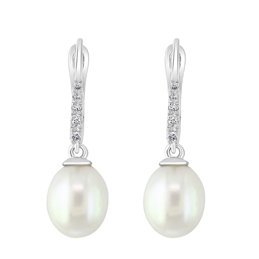 14K White Gold Freshwater Drop Pearl and Pavé Diamond Leverback Earrings