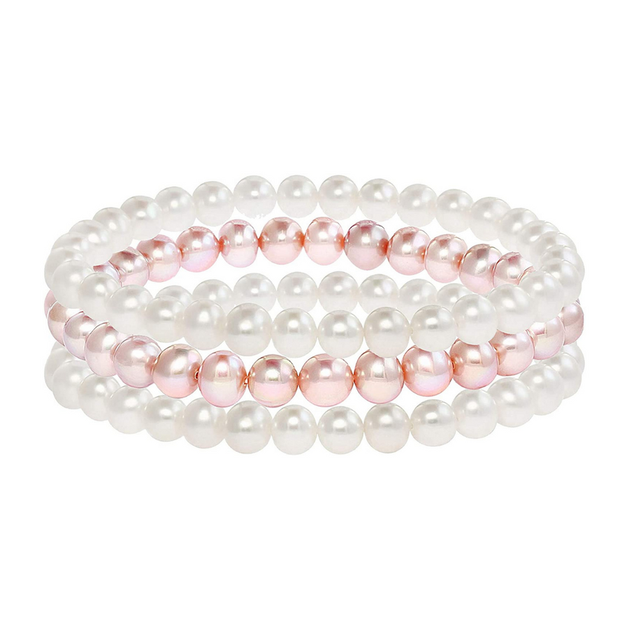 Freshwater 1 Peach & 2 White Pearl Stretch Bracelet - 7 in - Set of 3