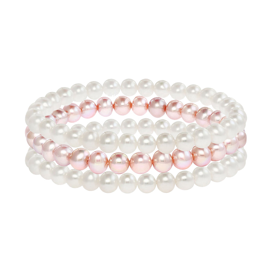 Freshwater 1 Pink & 2 White Pearl Stretch Bracelet - 7 in - Set of 3