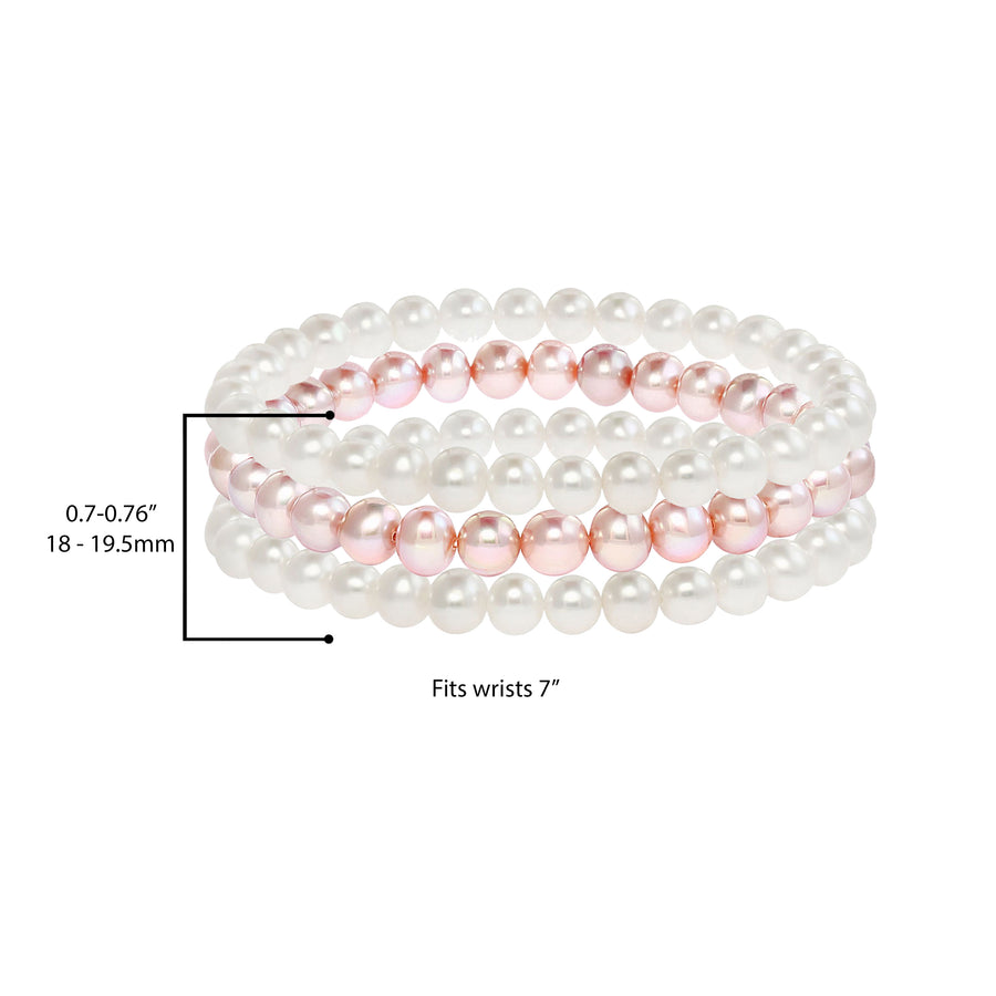 Freshwater 1 Pink & 2 White Pearl Stretch Bracelet - 7 in - Set of 3