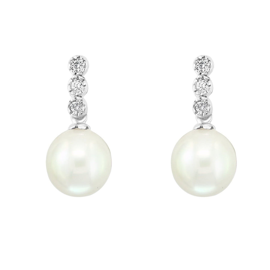 14K White Gold Freshwater Pearl and Triple Diamond Earrings