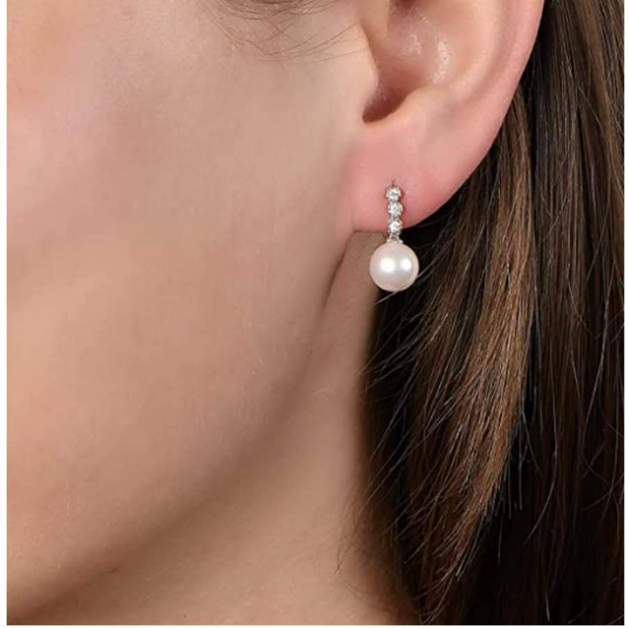 14K White Gold Freshwater Pearl and Triple Diamond Earrings