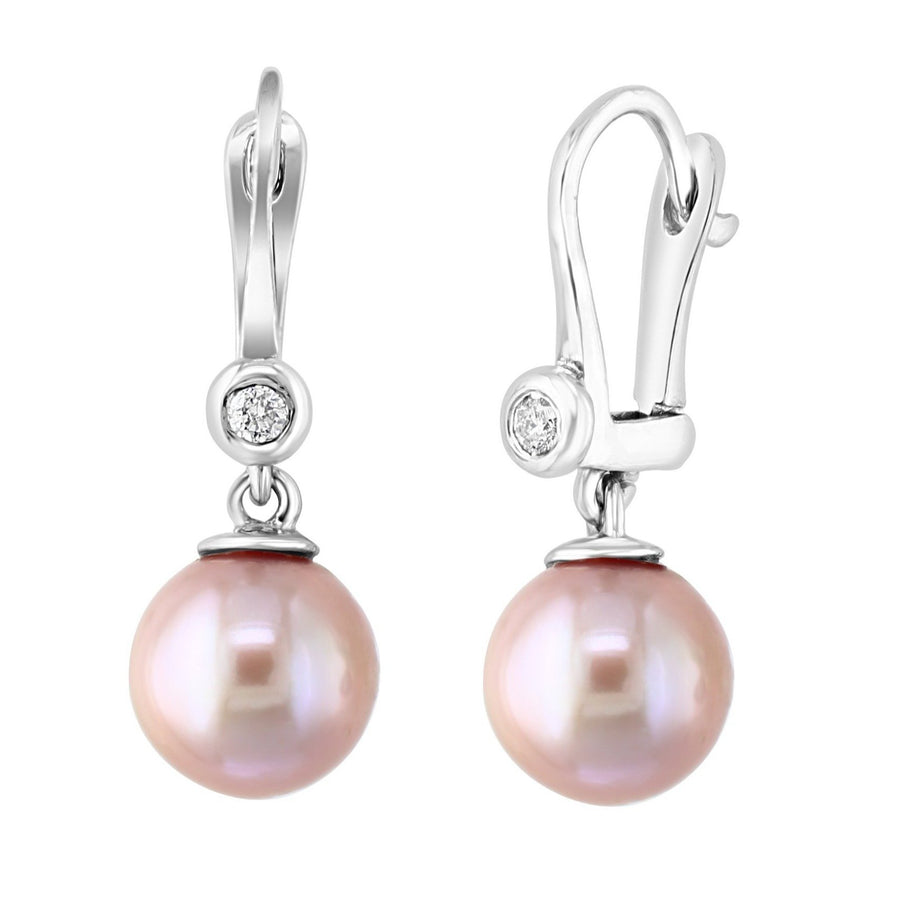 14K White Gold Pink Freshwater Pearl and Bezel Diamond Leverback Earrings