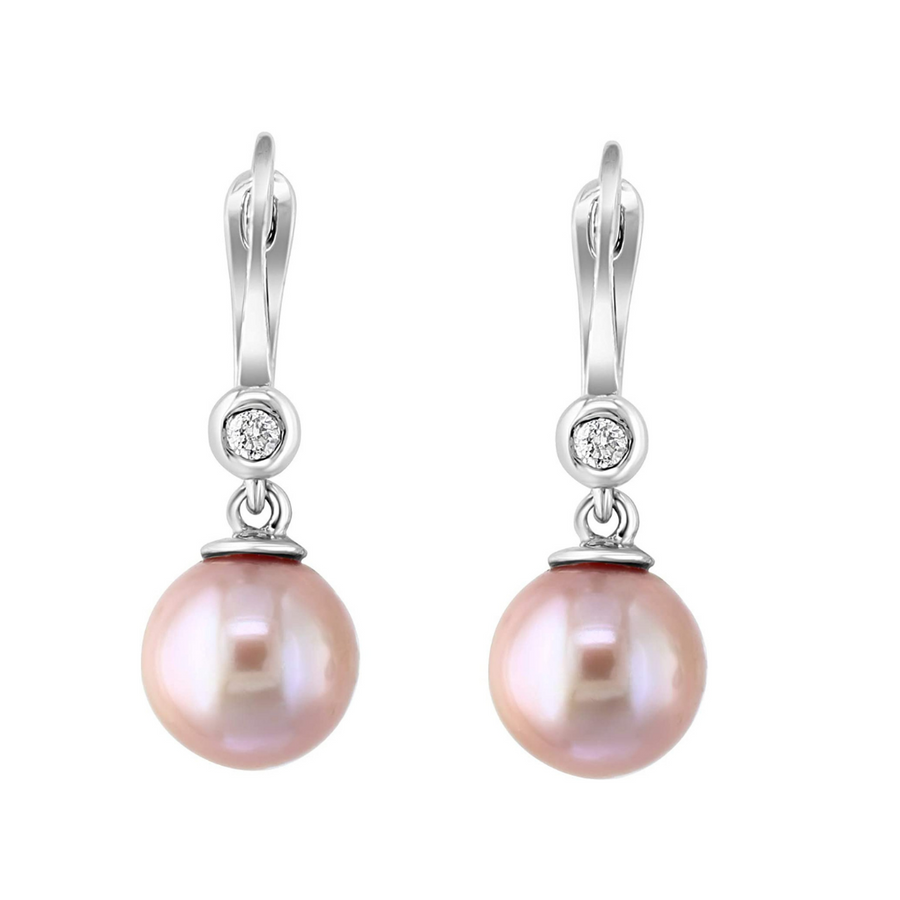 14K White Gold Pink Freshwater Pearl and Bezel Diamond Leverback Earrings