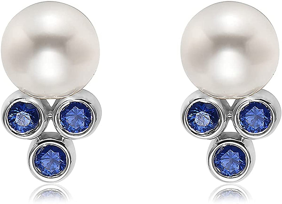 .925 Sterling Silver Freshwater Pearl and Blue Sapphire Studs