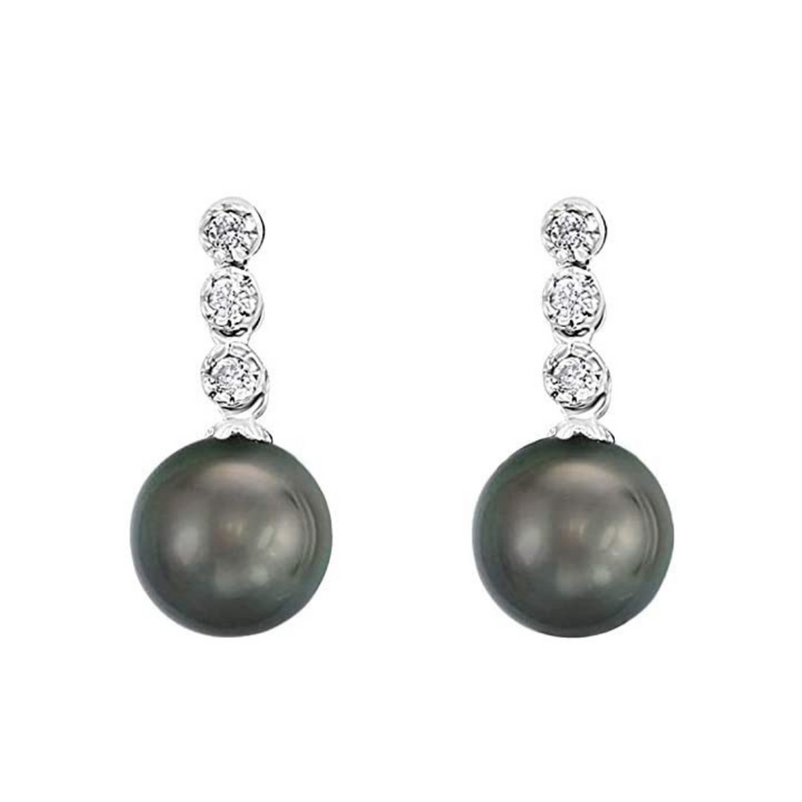 14K White Gold Tahitian Pearl and Triple Diamond Earrings