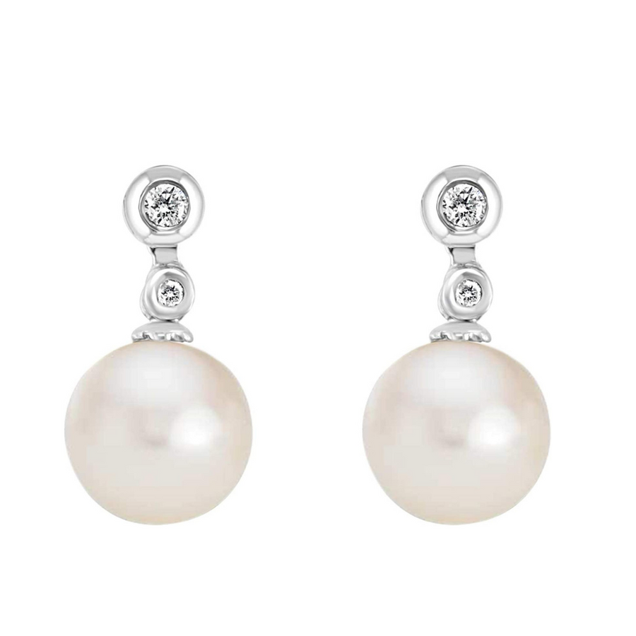 14K White Gold Freshwater White Pearl and Double Diamond Earrings