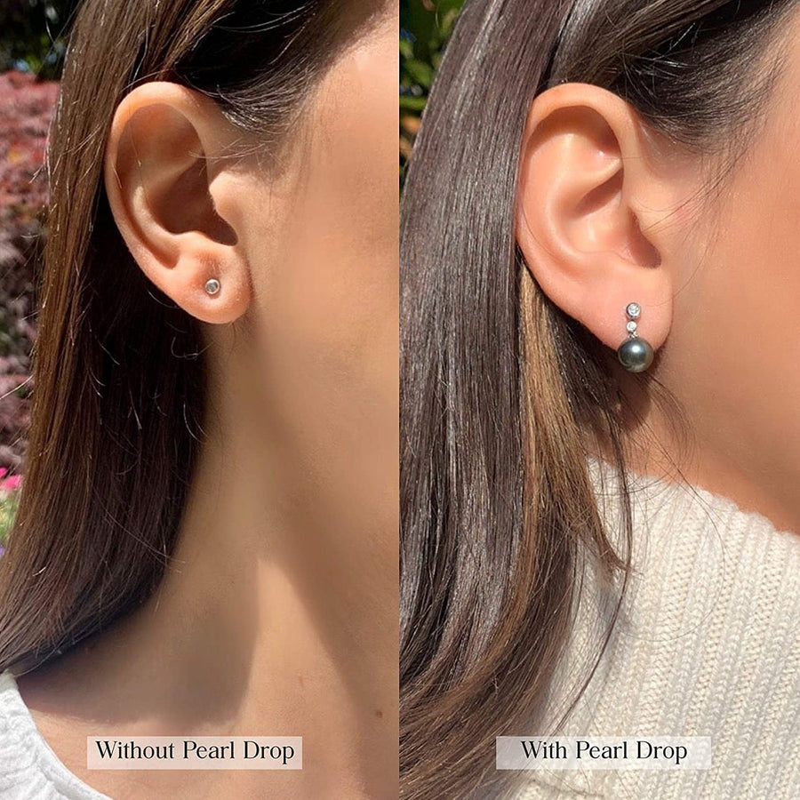 14K White Gold Tahitian Pearl and Double Diamond Earrings