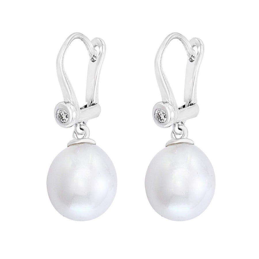 14K White Gold South Sea White Pearl and Bezel Diamond Leverback Earrings