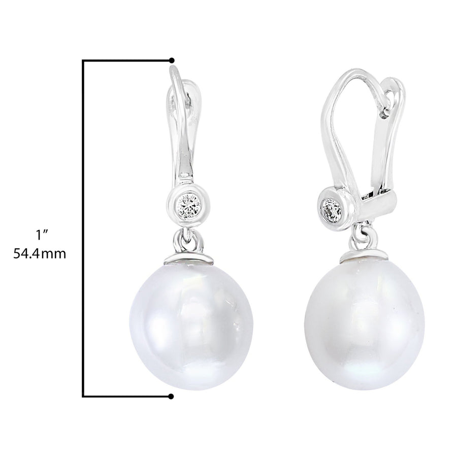 14K White Gold South Sea White Pearl and Bezel Diamond Leverback Earrings