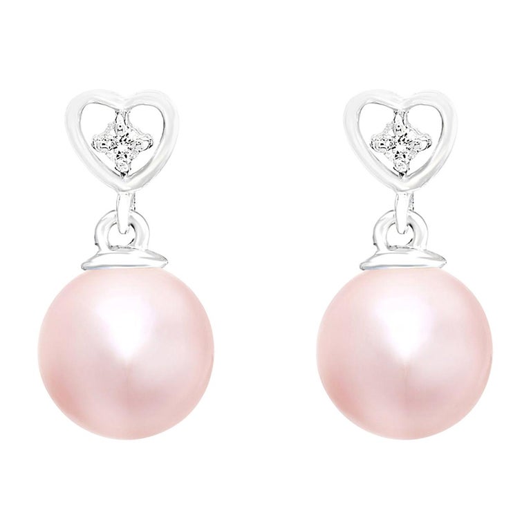 14K White Gold Freshwater Pearl and Diamond Heart Earrings