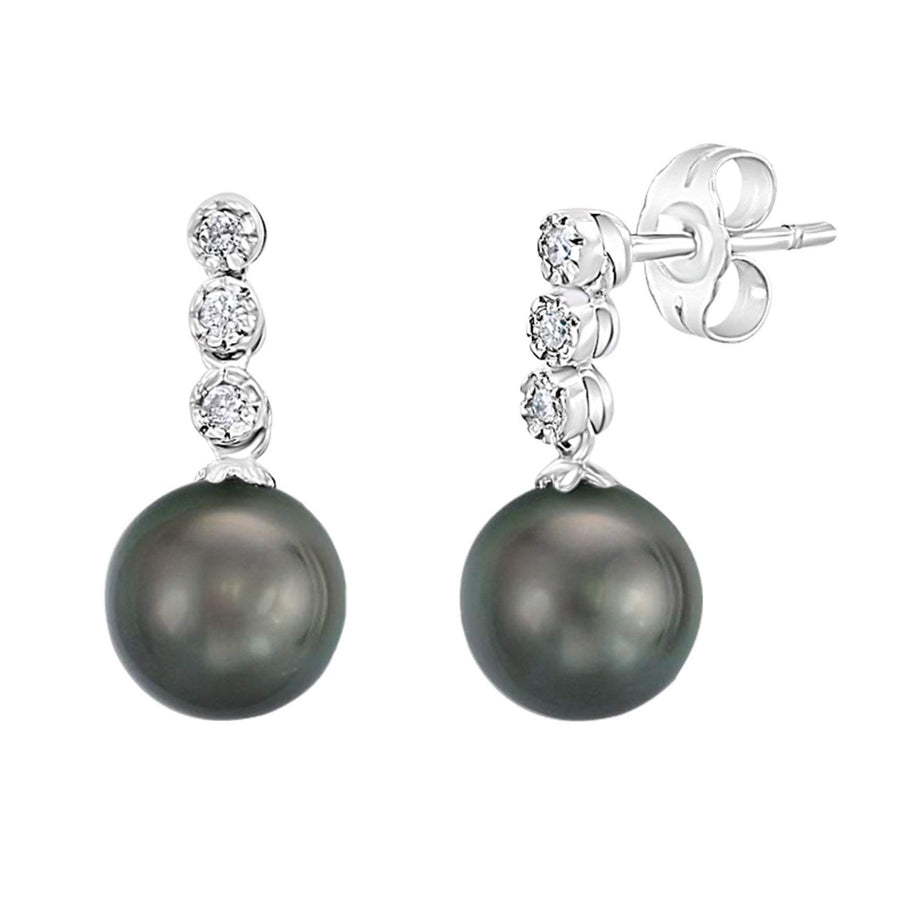 14K White Gold Tahitian Pearl and Triple Diamond Earrings
