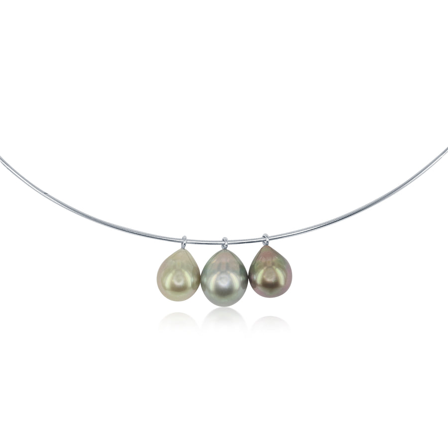 14K White Gold Triple Tahitian Pearl Pendant - Adjustable Wire