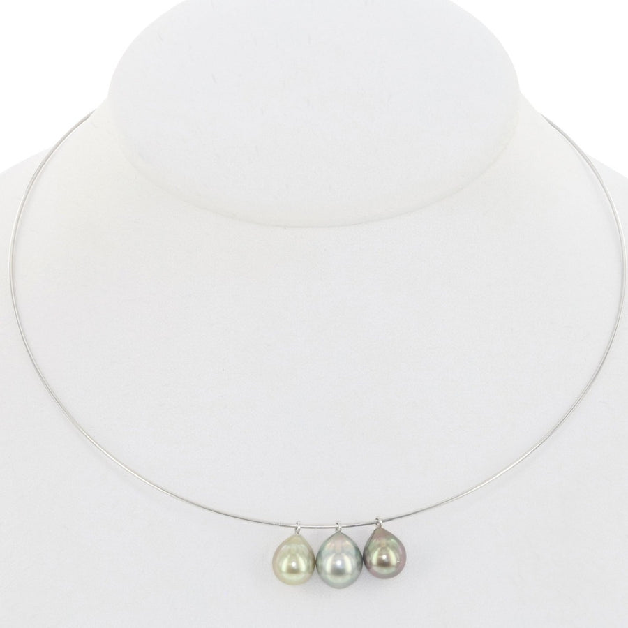 14K White Gold Triple Tahitian Pearl Pendant - Adjustable Wire