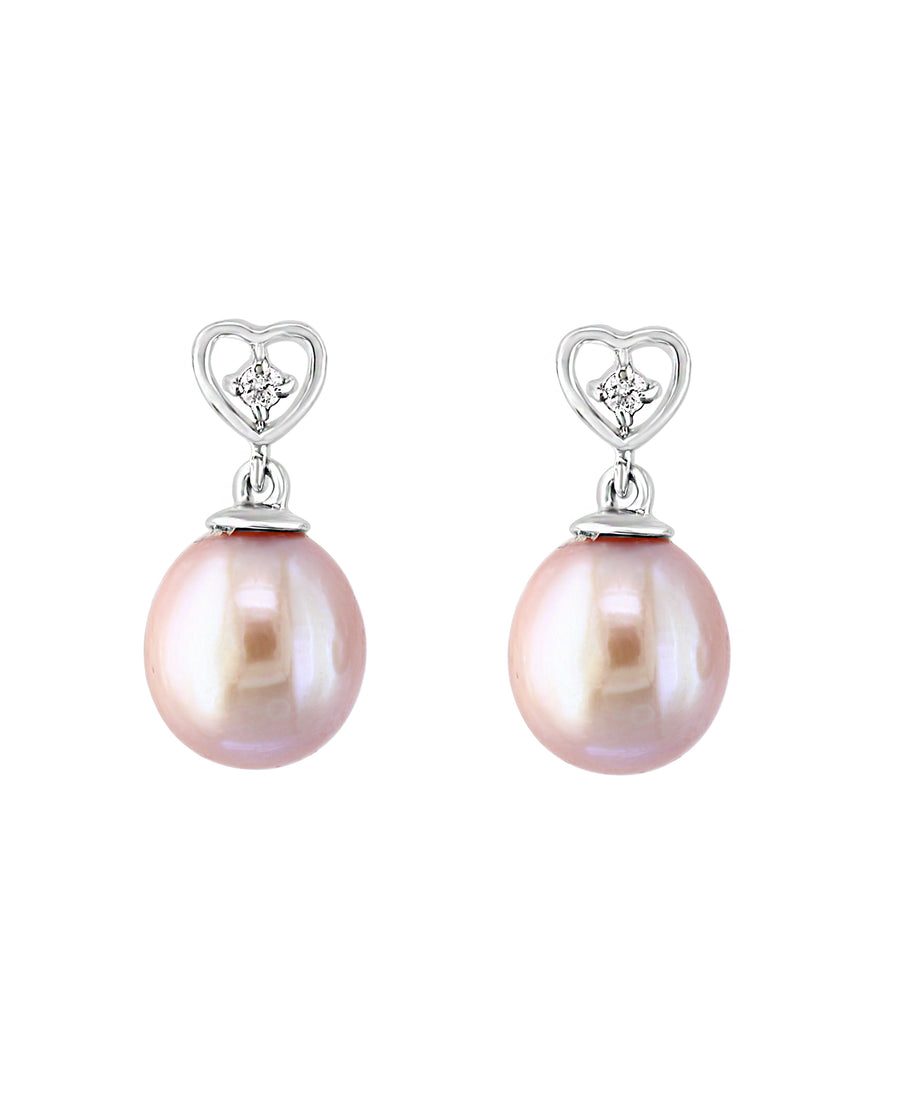 14K White Gold Pink Freshwater Pearl and Diamond Heart Earrings