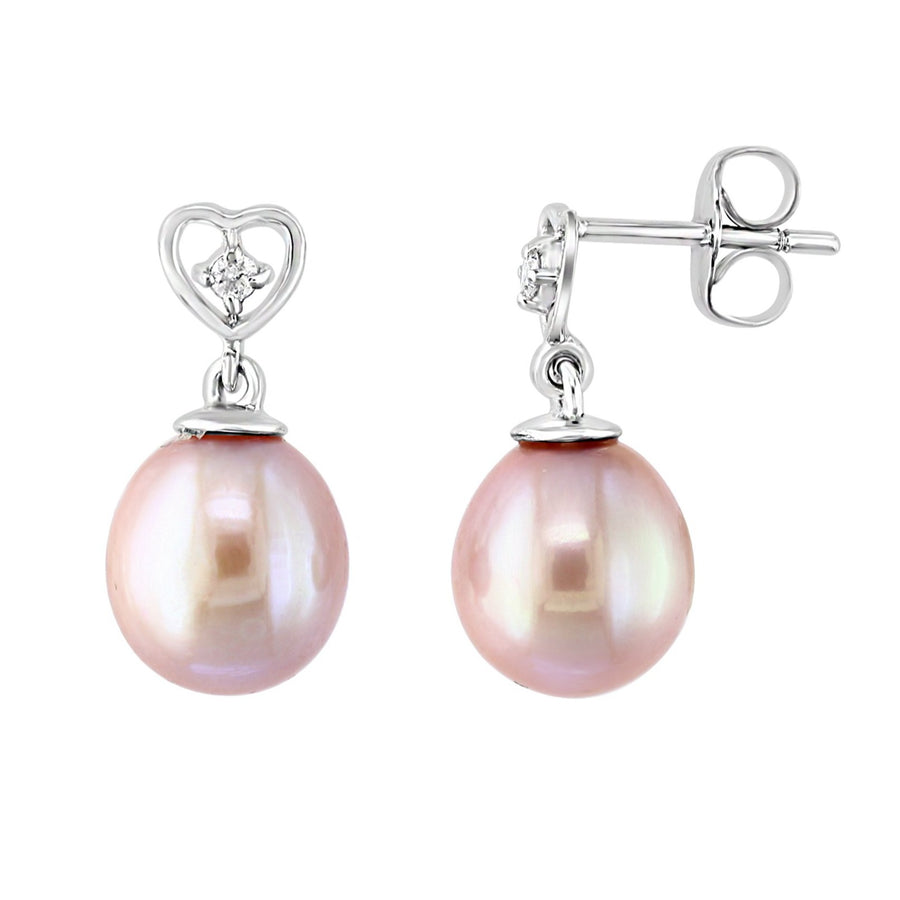 14K White Gold Pink Freshwater Pearl and Diamond Heart Earrings