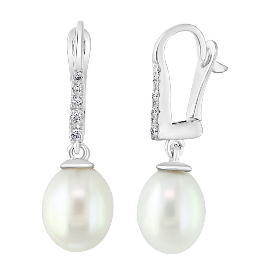14K White Gold Freshwater Drop Pearl and Pavé Diamond Leverback Earrings