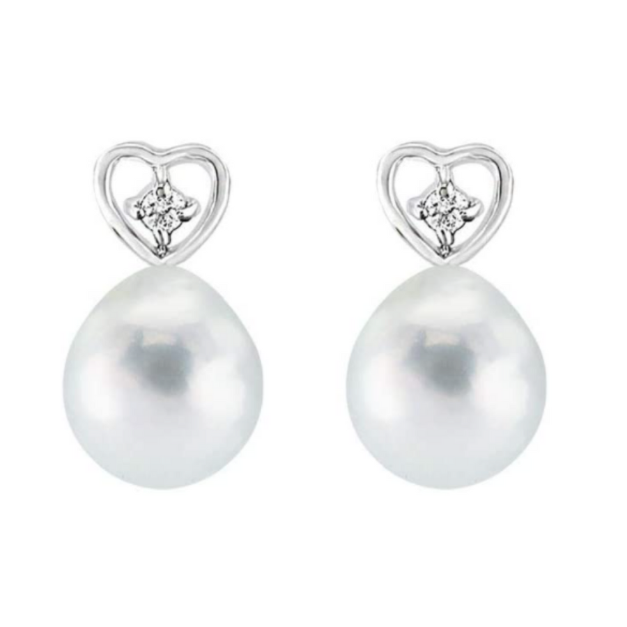 14K Gold Blue Akoya Pearl and Diamond Heart Earrings