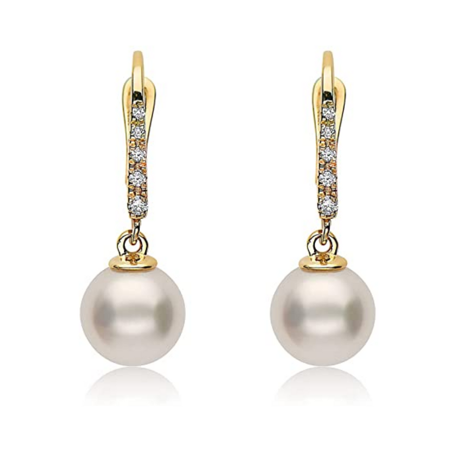 14K Yellow Gold Freshwater Pearl and Pavé Diamond Leverback Earrings