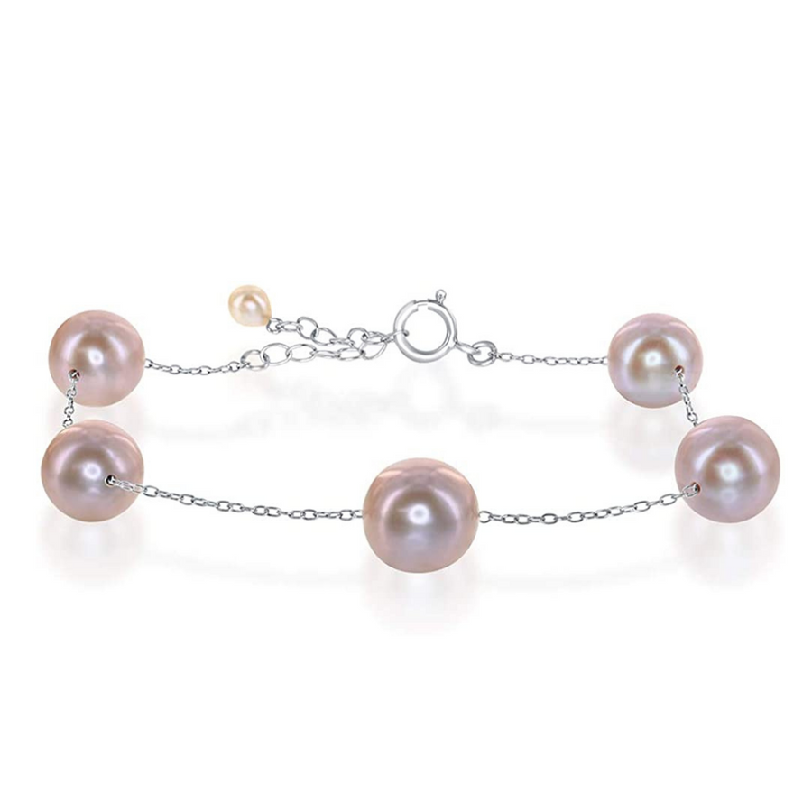 .925 Sterling Silver Pink Freshwater Pearl Tin Cup Bracelet - 8 in