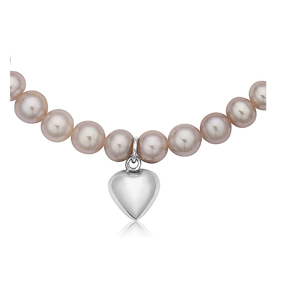 Pink Freshwater Pearl Stretch Bracelet with Heart Charm - 7 in
